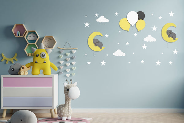 Applique-murale-pour-bébé--elephant-sur-lune-jaune